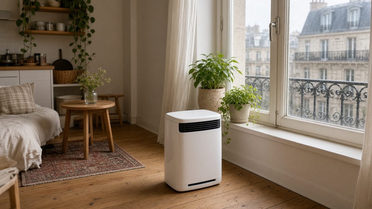 Déshumidificateur compact blanc posé près d’une fenêtre dans un petit studio lumineux