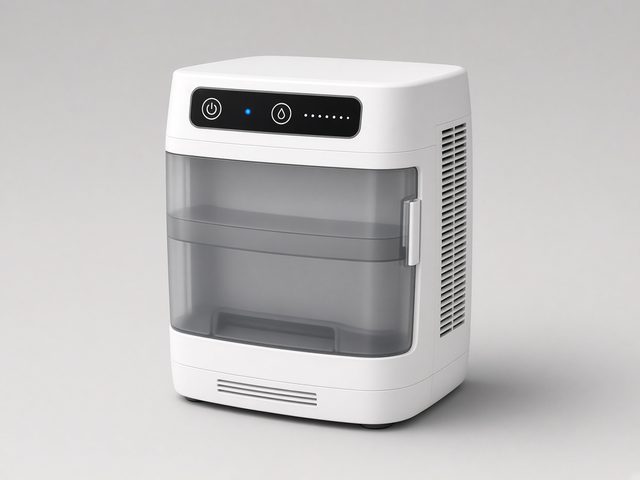 Déshumidificateur à compresseur blanc avec réservoir d’eau translucide, vue produit studio