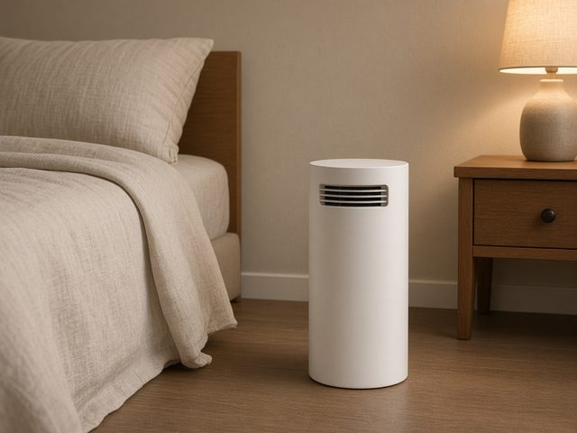 Déshumidificateur à dessiccant fin et léger dans une petite chambre près du lit