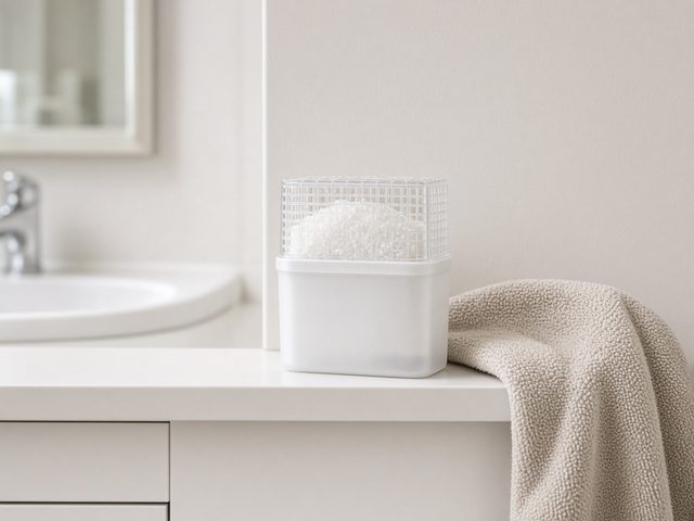 Absorbeur d’humidité à cristaux blancs posé sur une étagère de petite salle de bain