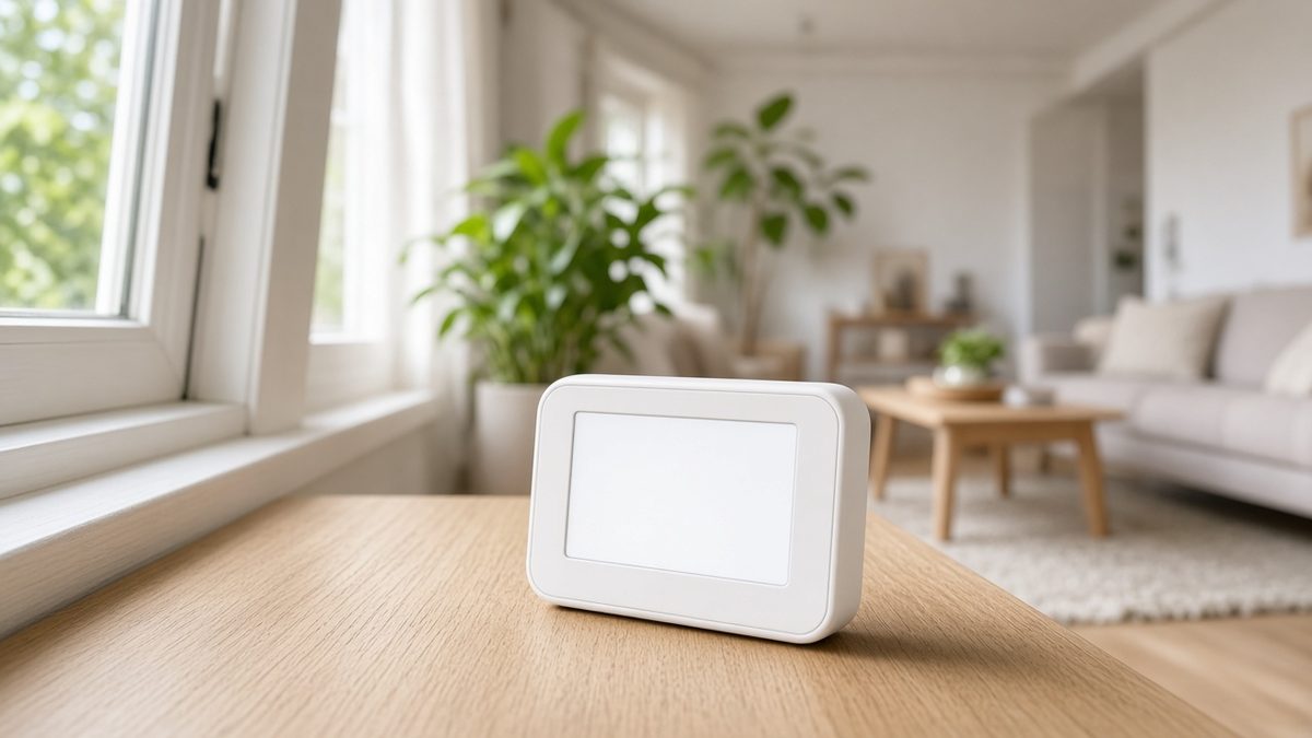 Détecteur de CO2 blanc posé sur un bureau en bois près d’une fenêtre entrouverte dans un salon lumineux