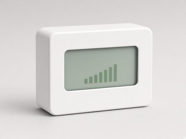 Détecteur de CO2 compact blanc à écran avec indicateur en barres vertes, vue produit studio