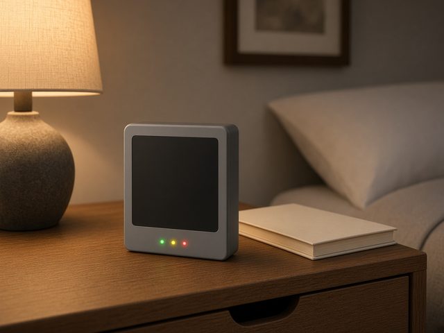 Moniteur de qualité de l’air gris avec voyants vert, orange et rouge posé sur une table de chevet