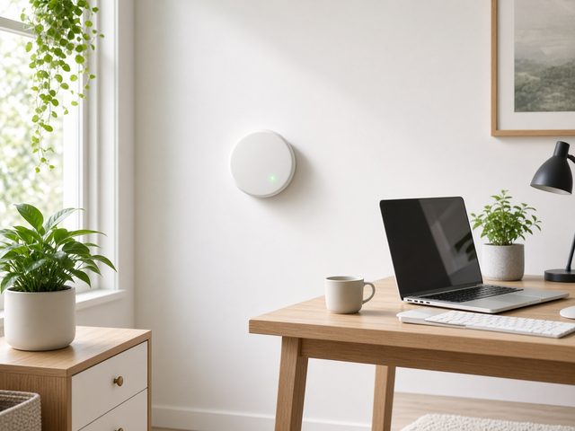 Détecteur de CO2 rond et blanc fixé au mur d’un bureau à domicile, voyant vert allumé