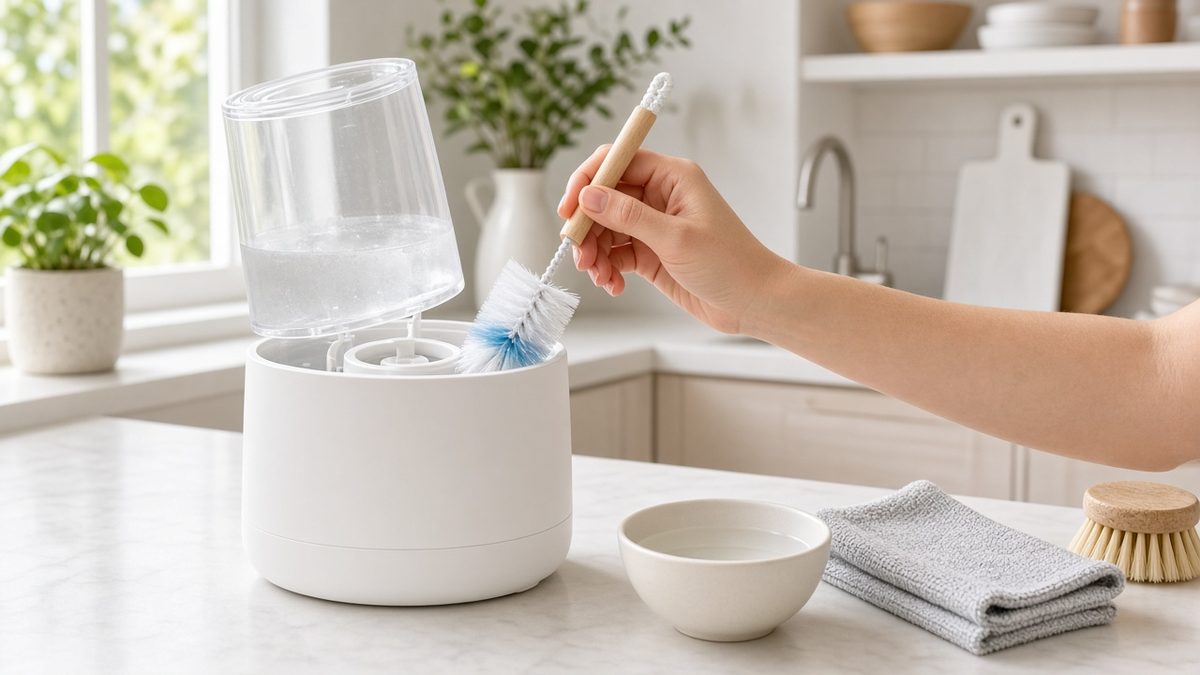 Humidificateur blanc ouvert sur un plan de travail de cuisine, une main nettoie le socle avec un goupillon, un bol de vinaigre blanc et un chiffon microfibre à côté