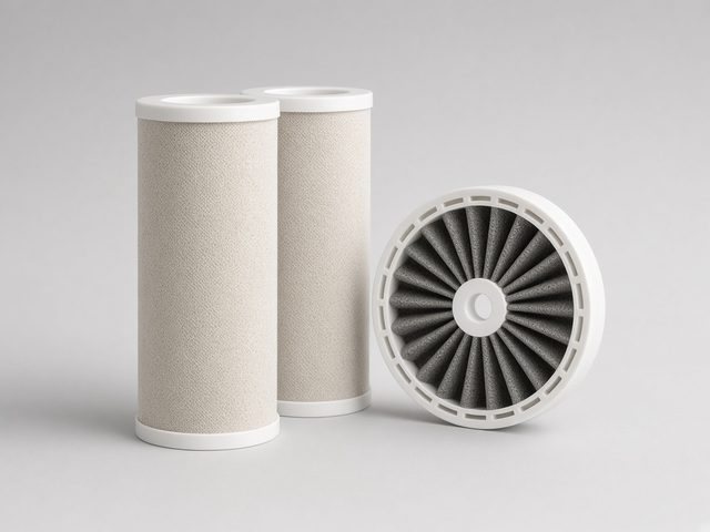 Deux cartouches anticalcaire cylindriques et un filtre rond de rechange pour humidificateur, photo studio sur fond gris clair