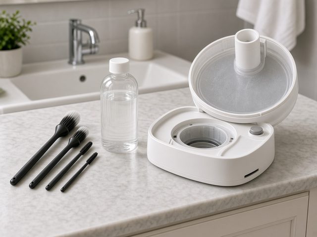 Kit de brosses fines de différentes tailles et flacon de détartrant posés à côté d’un socle d’humidificateur démonté sur un plan de vasque