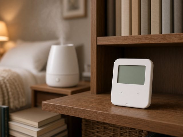 Petit hygromètre thermomètre numérique blanc sur une étagère en bois, un humidificateur diffusant de la brume dans une chambre en arrière-plan