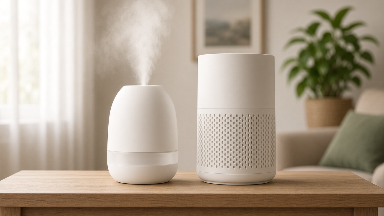Humidificateur et purificateur d'air côte à côte dans un salon