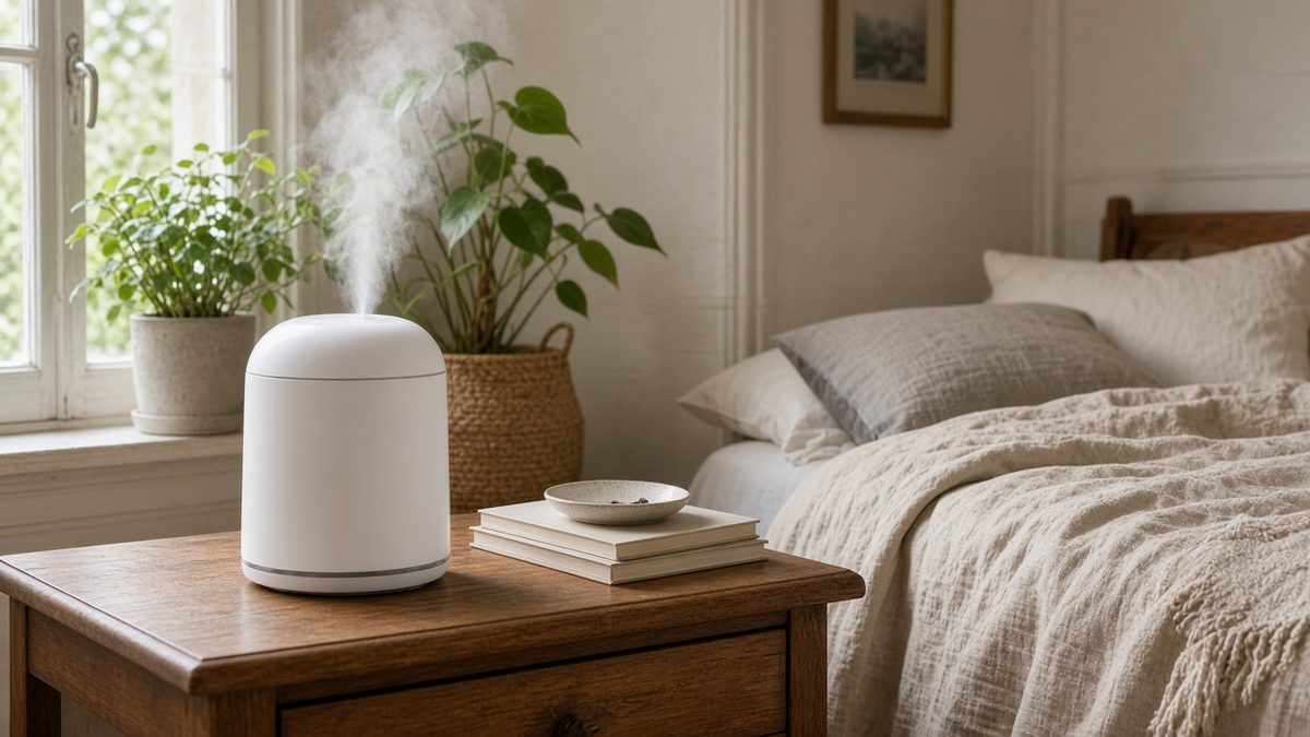 Humidificateur ultrasonique blanc diffusant une brume fraîche sur une table de chevet