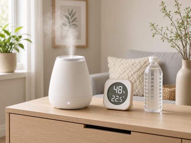 Hygromètre numérique posé à côté d’un humidificateur ultrasonique dans un salon