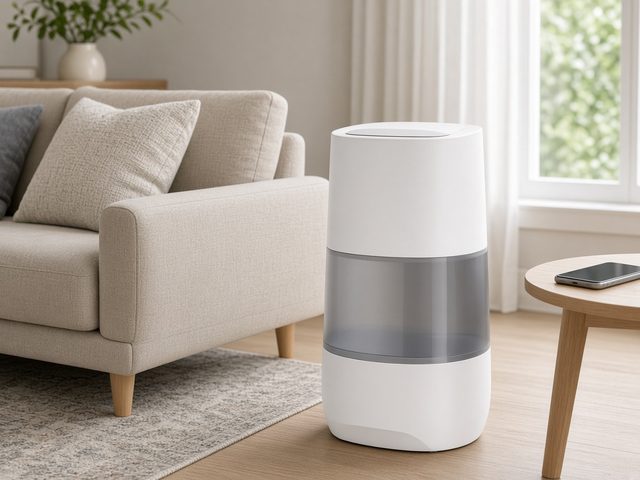 Grand humidificateur ultrasonique connecté de 6 litres posé près d’un canapé
