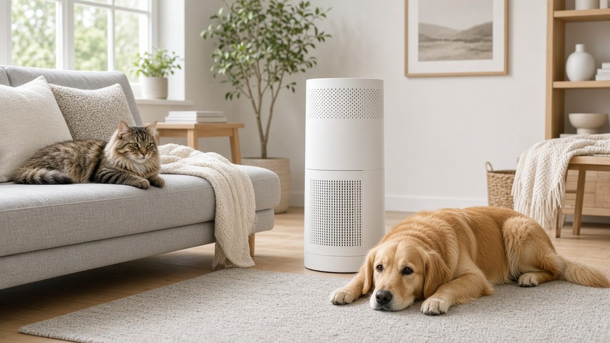Purificateur d’air blanc en colonne dans un salon lumineux, un chat tigré sur le canapé et un golden retriever allongé sur le tapis