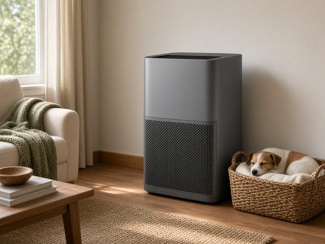Grand purificateur d’air gris anthracite dans l’angle d’un salon, un petit chien endormi dans un panier en osier à côté