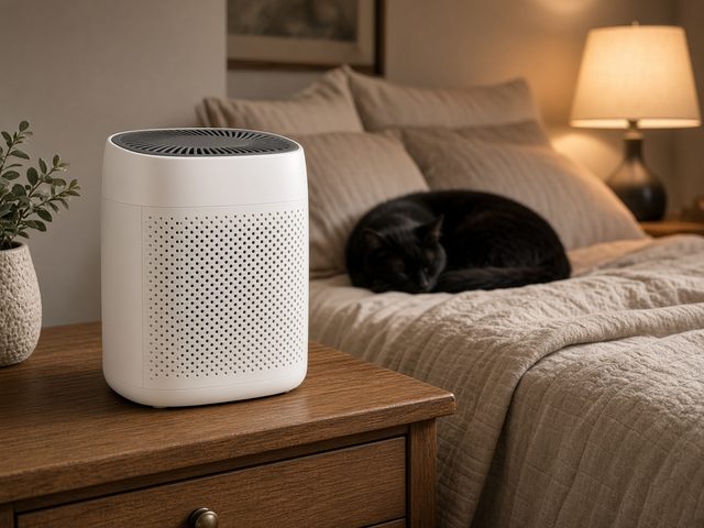 Petit purificateur d’air blanc sur une table de chevet en bois, un chat noir endormi sur le lit en arrière-plan