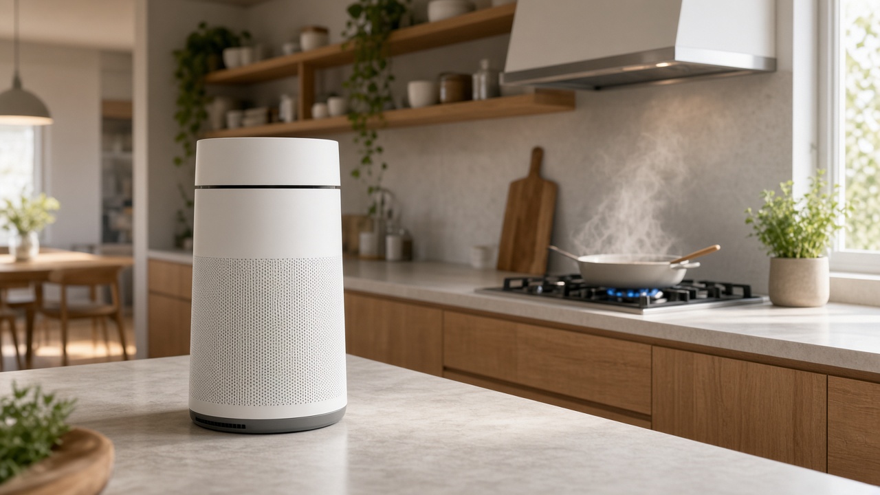 Purificateur d'air près d'une cuisine ouverte